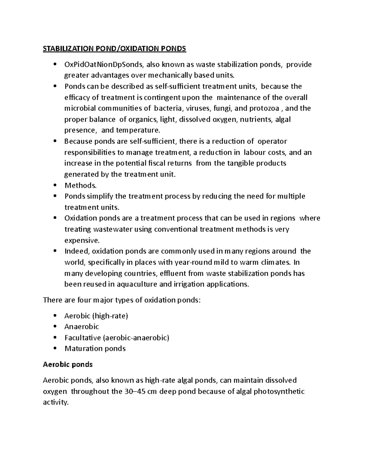 Stabilization ponds or oxidation ponds STABILIZATION POND/OXIDATION
