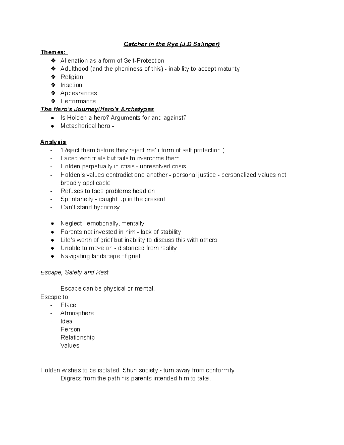 Catcher in the Rye opening notes Catcher in the Rye (J Salinger