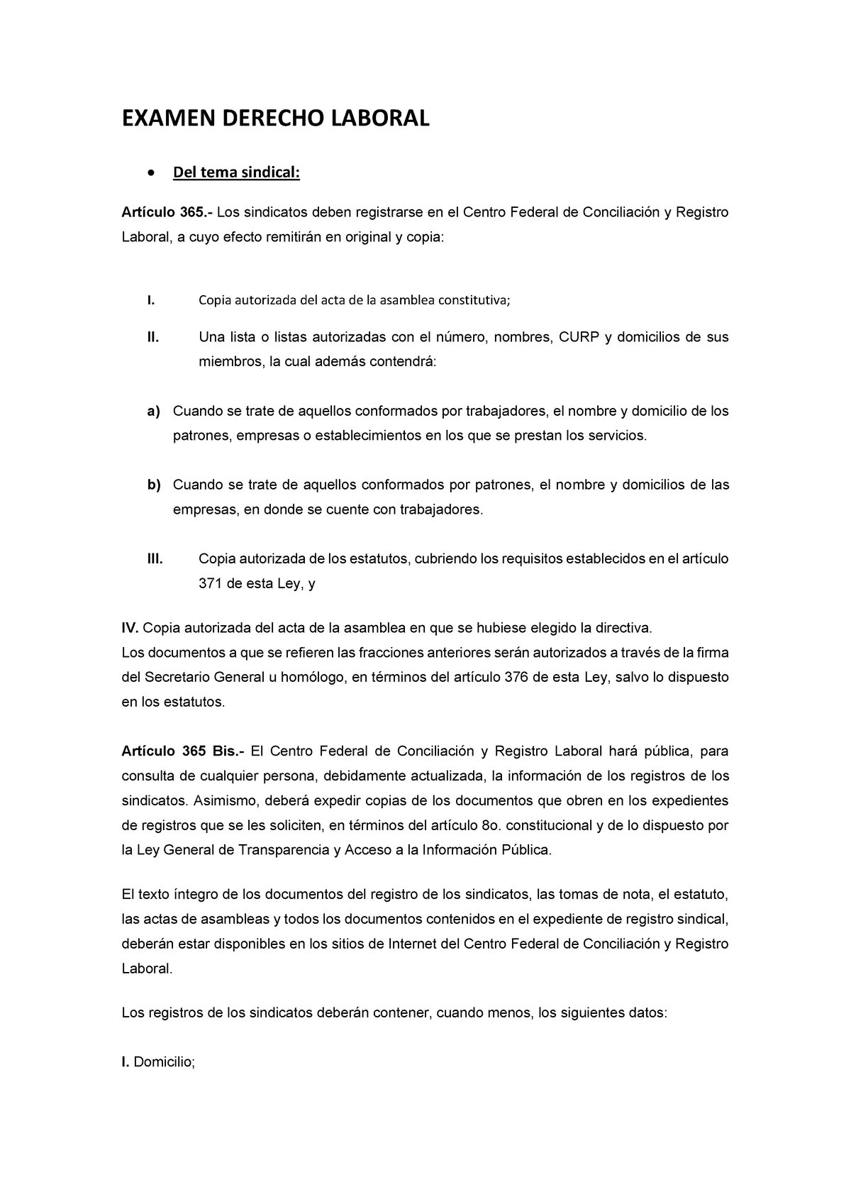 Articulos Examen Derecho Laboral Primer Parcial - EXAMEN DERECHO ...