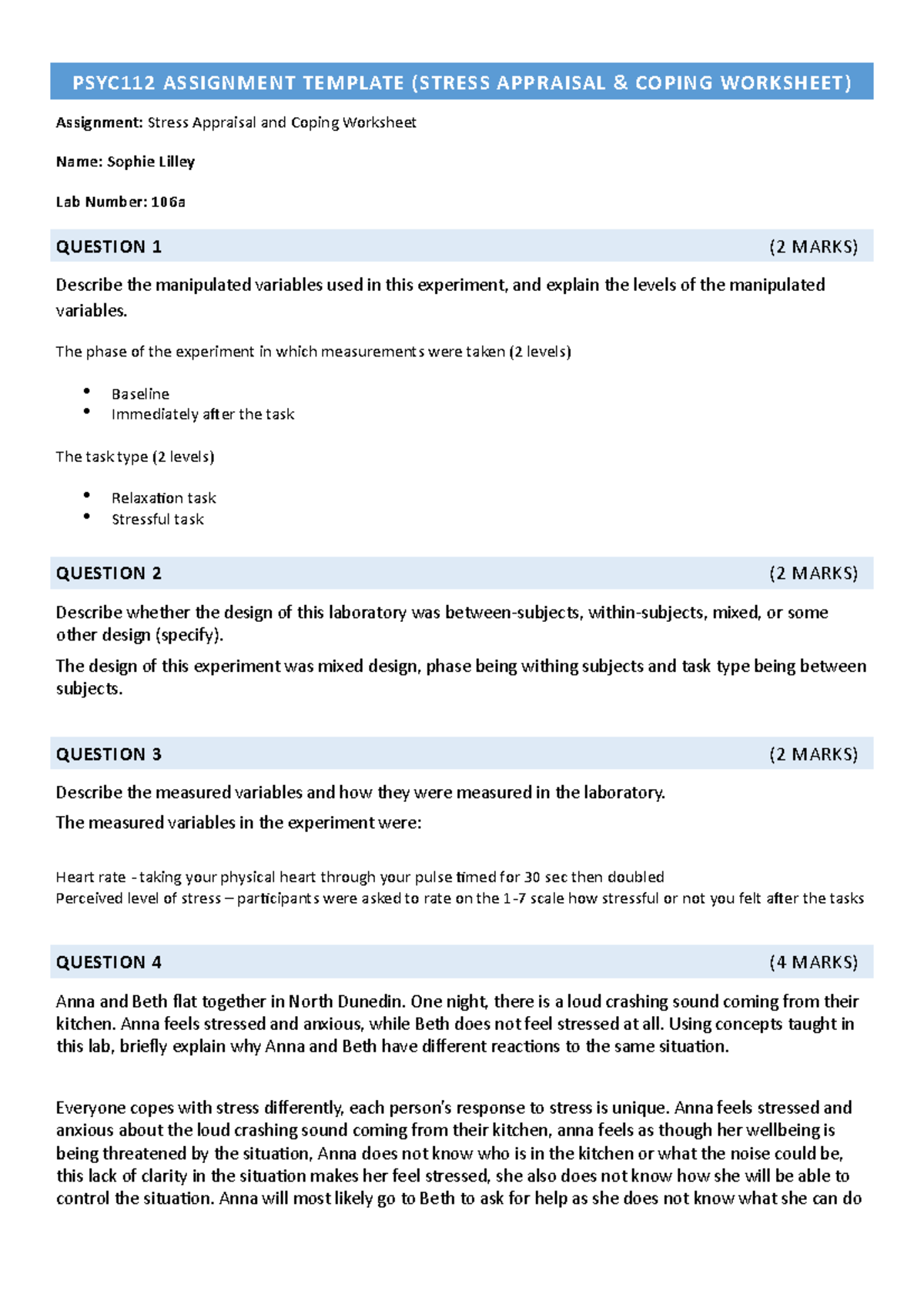 Lab 9 Stress Appraisal and Coping - Human Thought and Behaviour ...