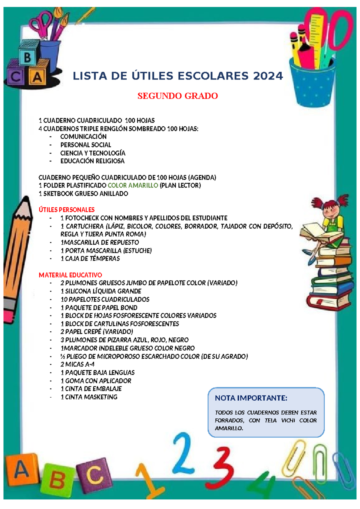 Lista DE Útiles 2° Grado -2024 - LISTA DE ÚTILES ESCOLARES 2024 SEGUNDO ...
