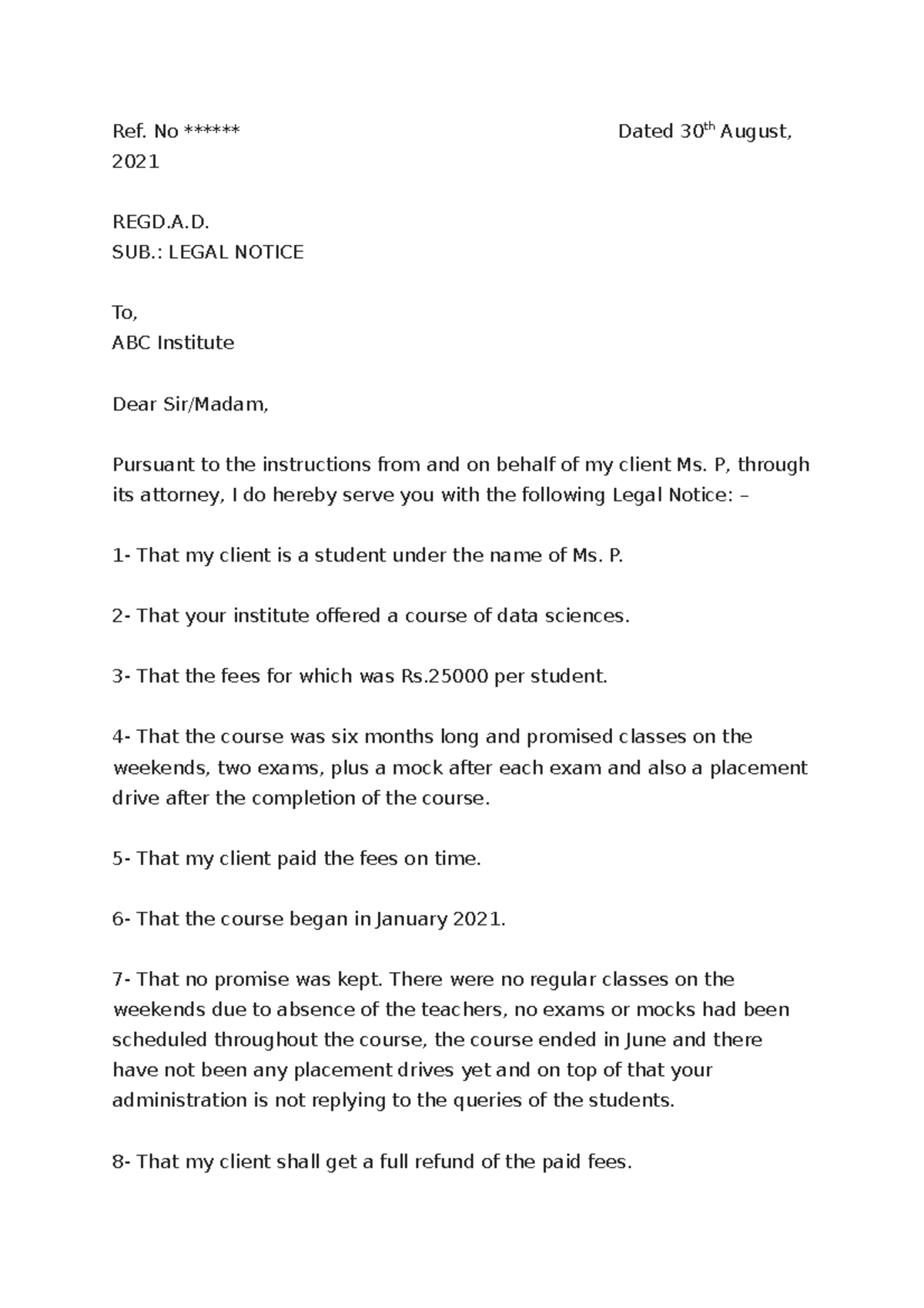Legal notice - these are useless notes - Ref. No ****** 2021 Dated 30th ...