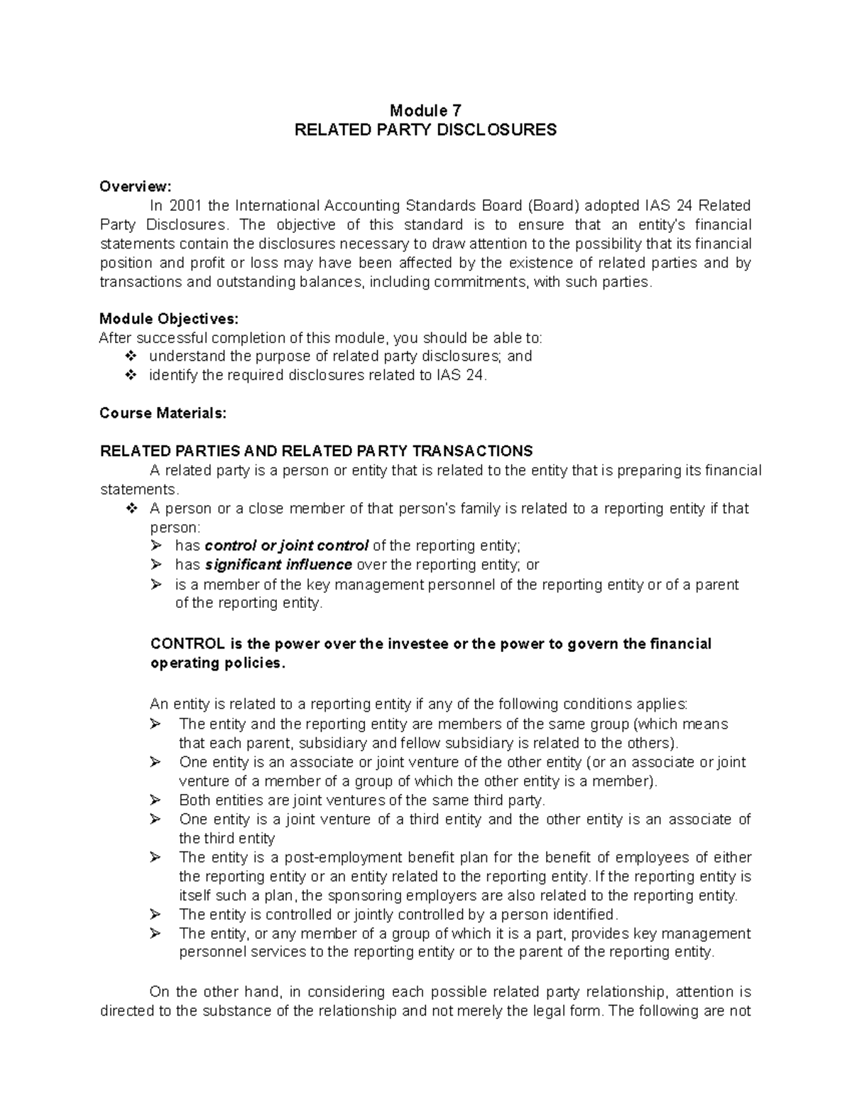 Module 7 Related Parties - Module 7 RELATED PARTY DISCLOSURES Overview ...