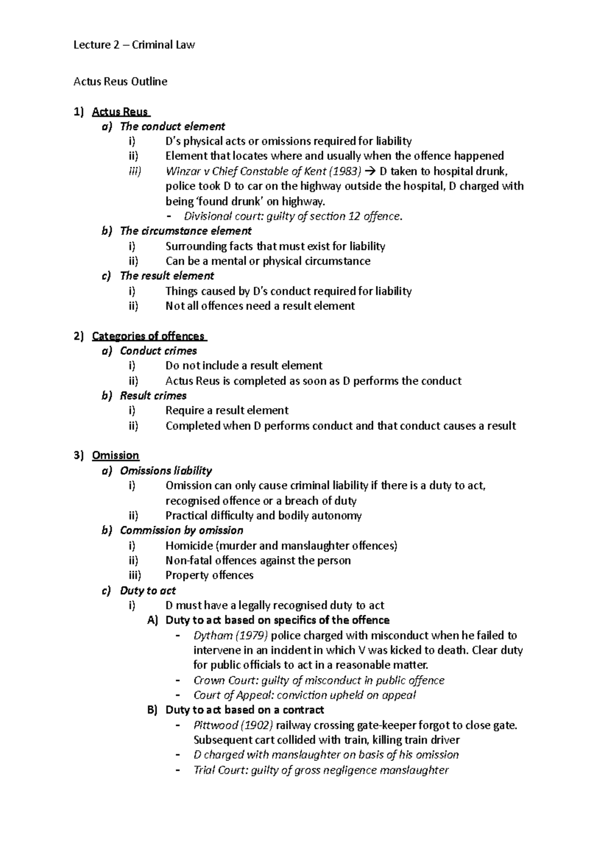 Actus Reus Outline - notes - Actus Reus Outline 1) Actus Reus a) The ...