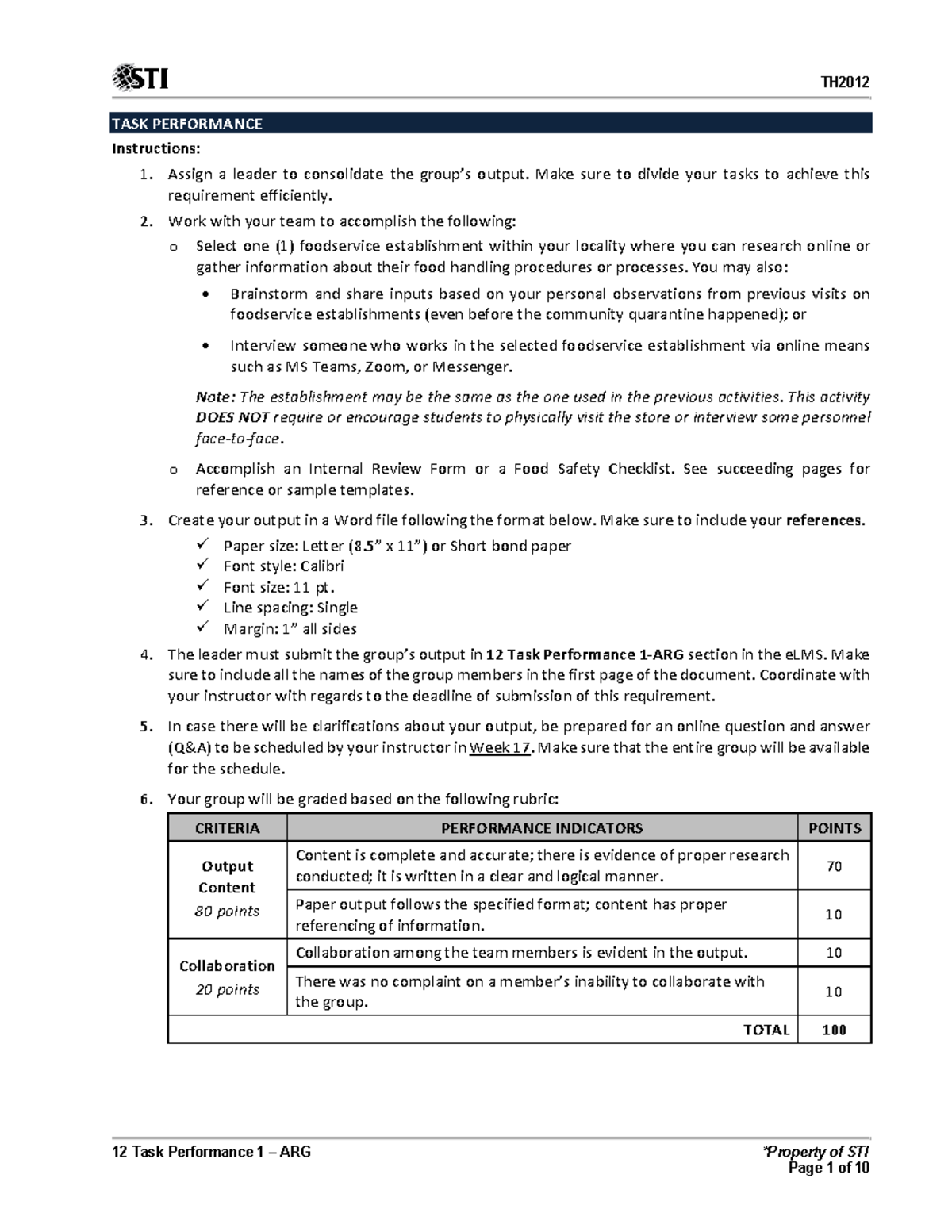 12 Task Performance 1 - ARG - 12 Task Performance 1 – ARG *Property of ...