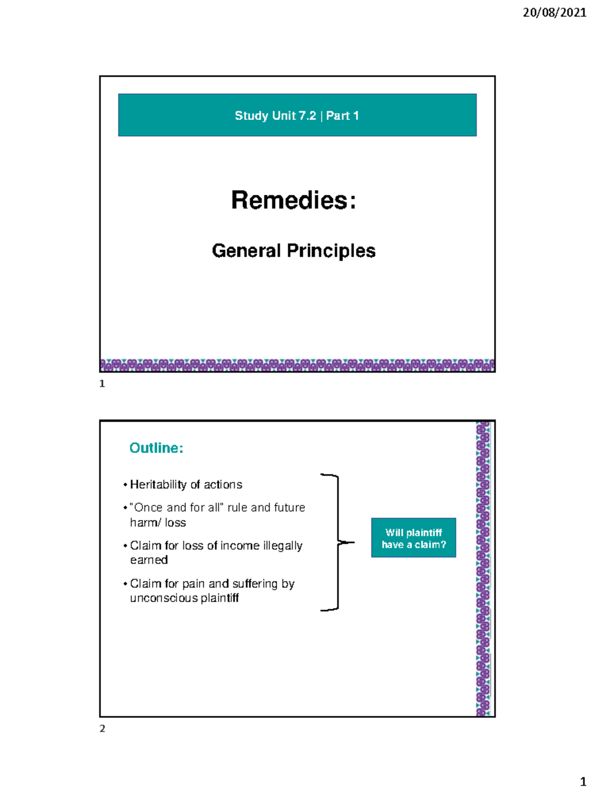 SU+7 The slides for the elements of delict Remedies General