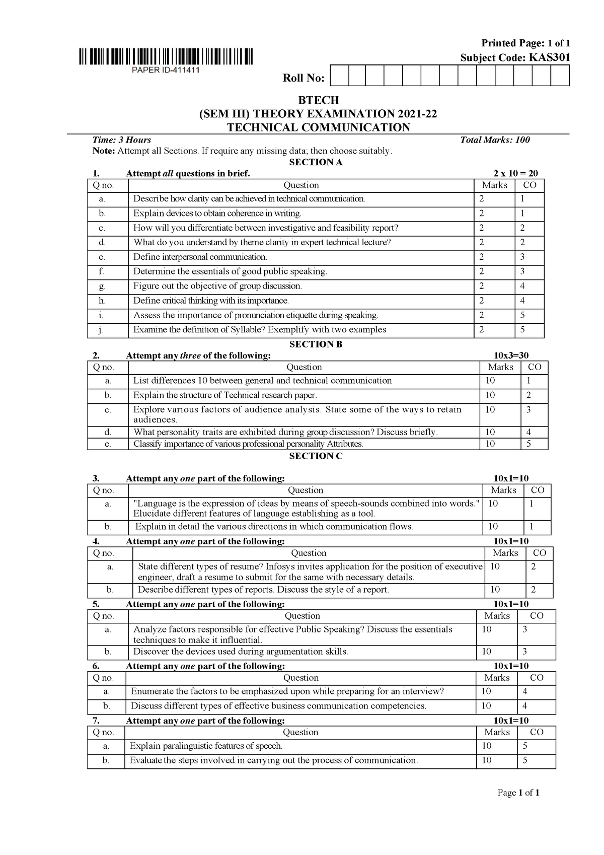 Btech As 3 Sem Technical Communication Kas301 2022 - Printed Page: 1 Of ...