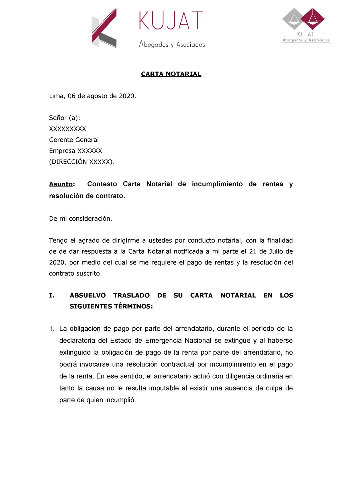 Modelo de contestación de Carta Notarial de Desalojo - CARTA NOTARIAL Lima,  06 de agosto de 2020. - Studocu