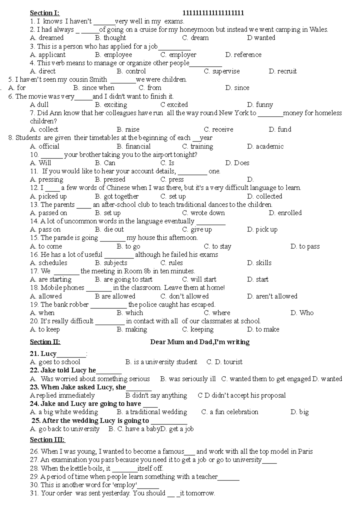 Sample test Anh 2 - uawwefefe - Section I: 1111111111111111111 I knows ...