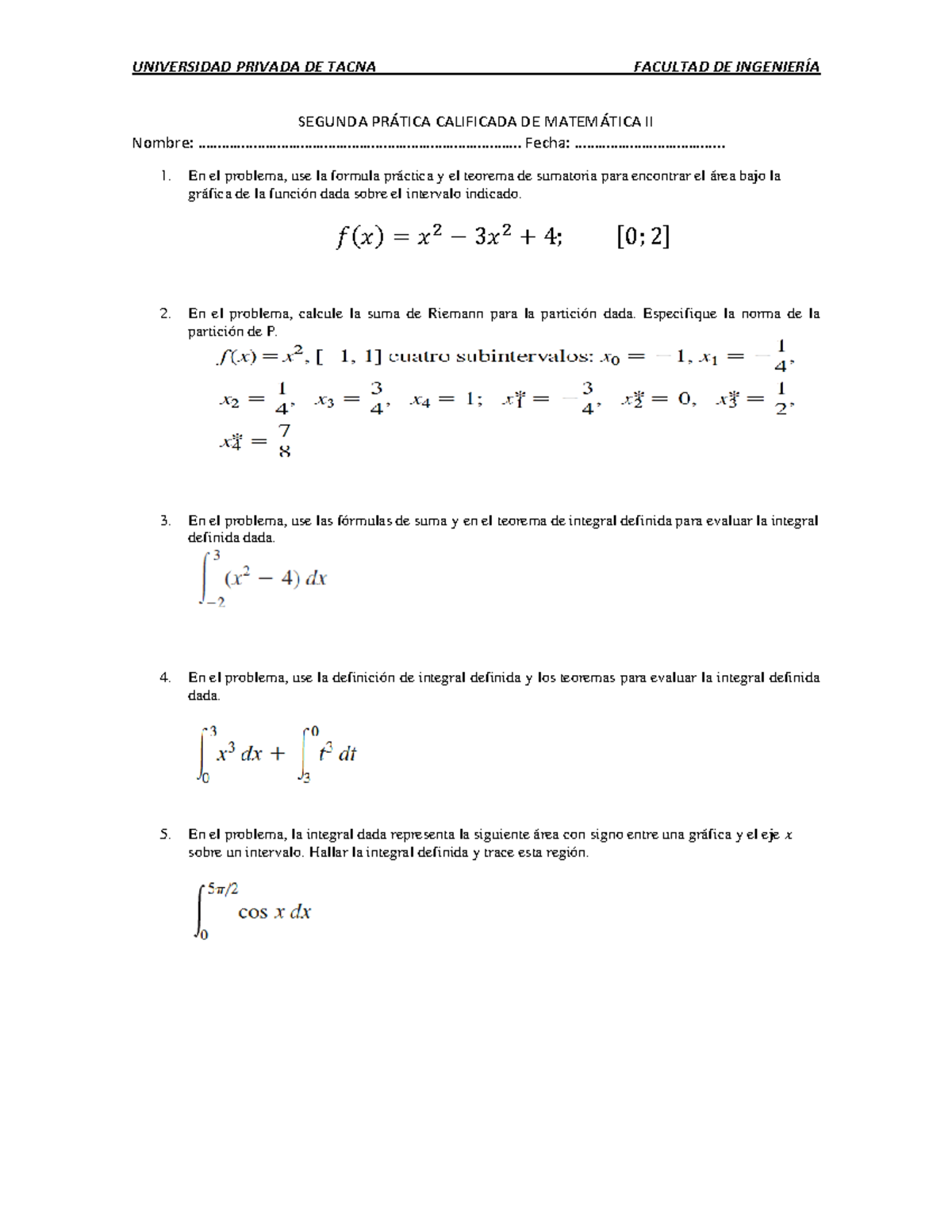 Segunda Práctica Calificada DE Matemática II Octubre 2022 - UNIVERSIDAD ...