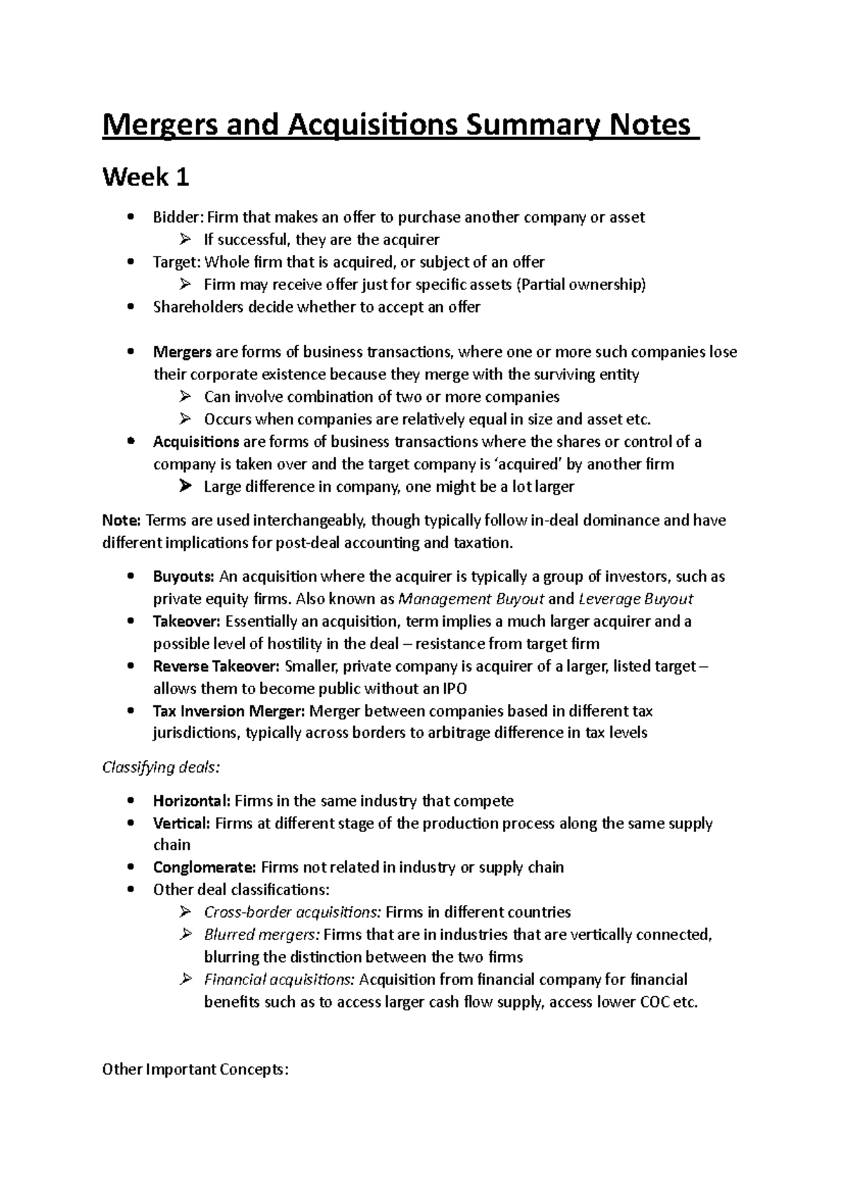 Mergers and Acquisitions Summary Notes - Acquisitions are forms of ...