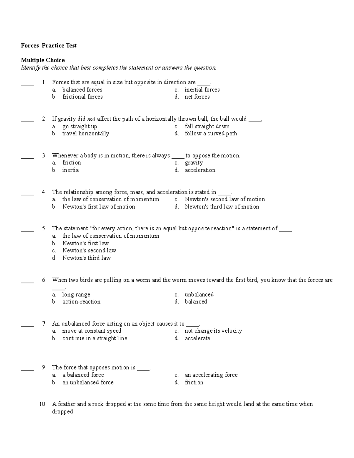 Forces Practice Test - Forces Practice Test Multiple Choice Identify ...