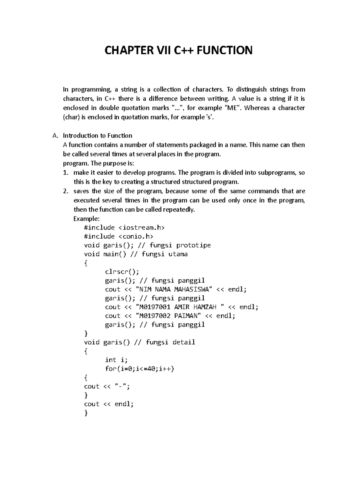 C++ Notes CH 7 8 - CHAPTER VII C++ FUNCTION In programming, a string is ...