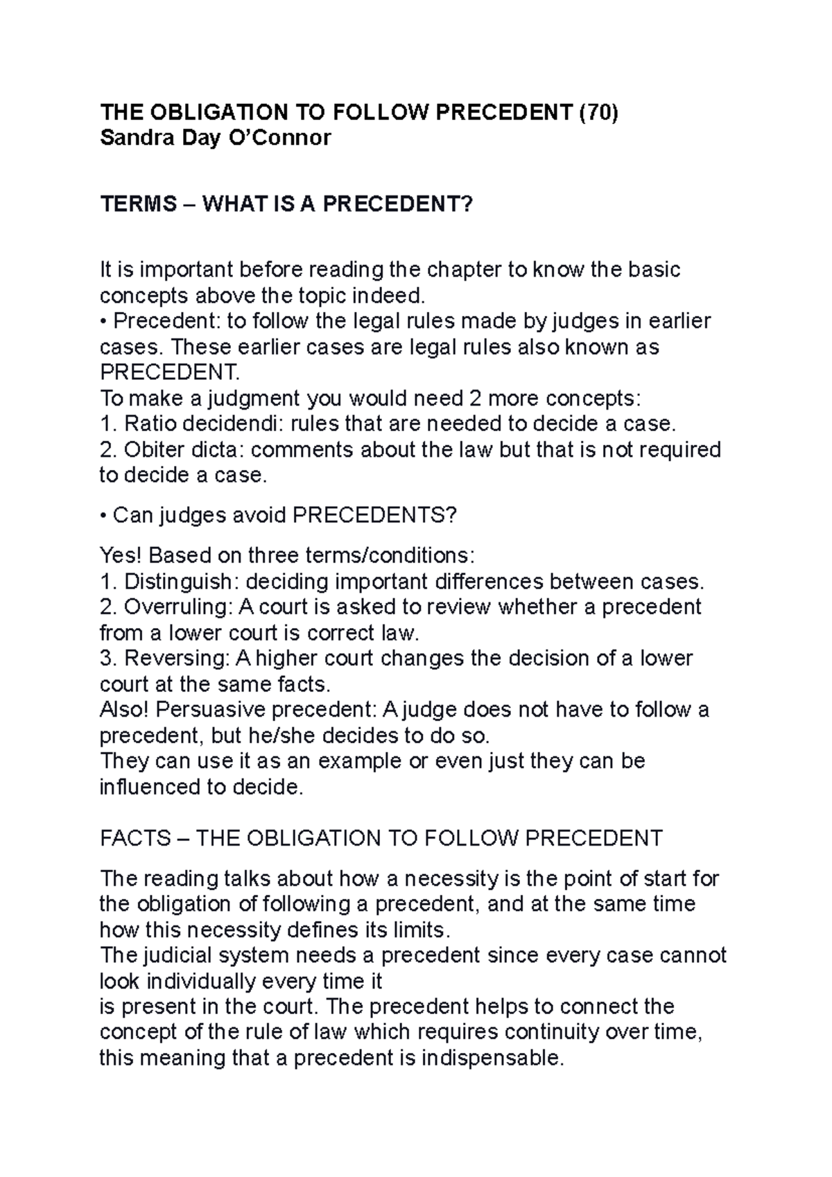 Woll Reading #9 - THE OBLIGATION TO FOLLOW PRECEDENT (70) Sandra Day O ...