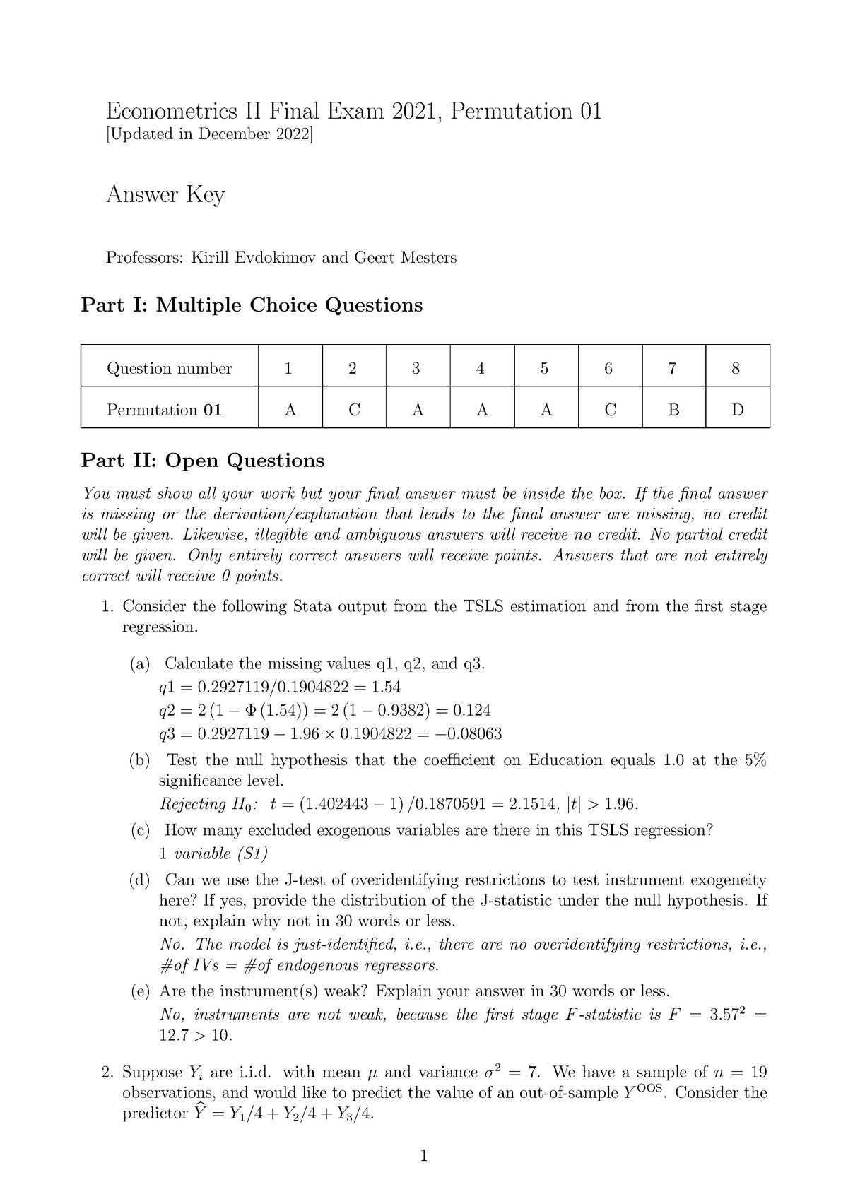 Final EM2 2021 Answer Key - Econometrics II Final Exam 2021 ...