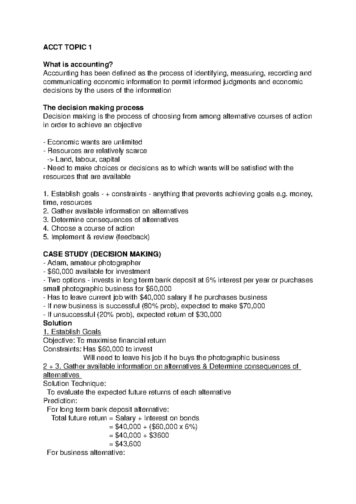 Accounting For Business Lecture Notes Topic 1 ACCT TOPIC 1 What