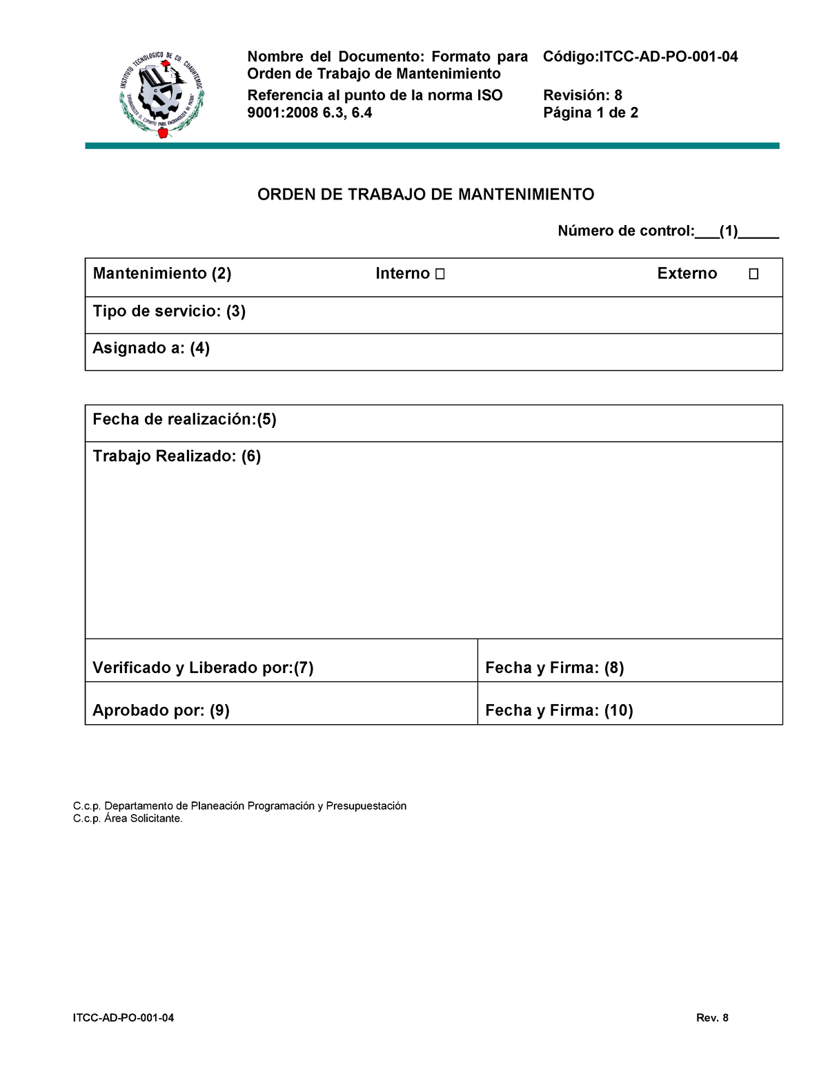 Formato Orden de Trabajo - Nombre del Documento: Formato para Orden de  Trabajo de Mantenimiento - Studocu