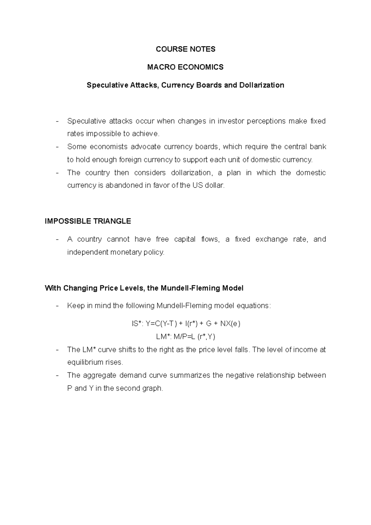 Course Notes Macroeconomics Speculative Attacks, Currency Boards and