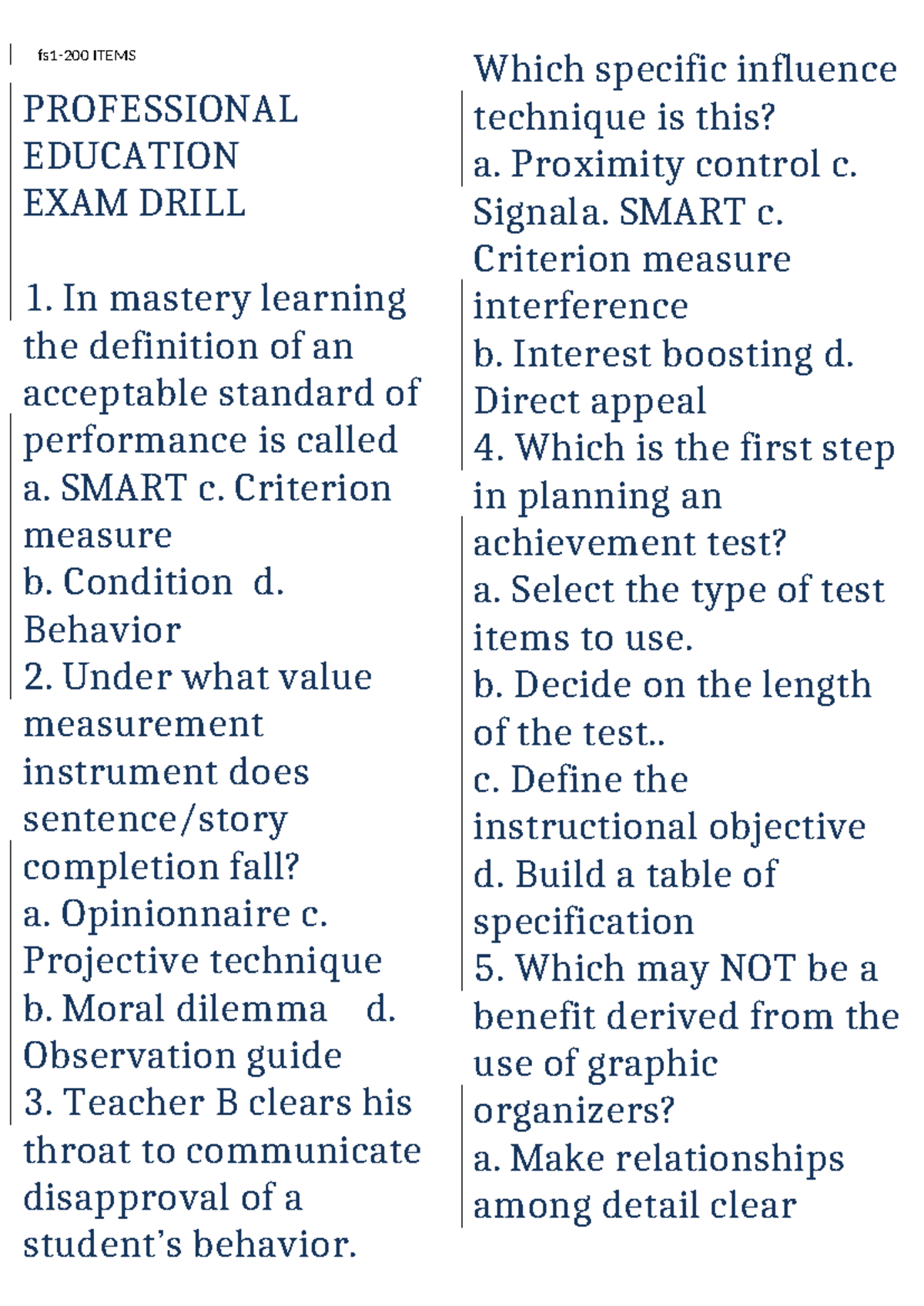 1 200 Items PROF ED EXAM Drill - fs1-200 ITEMS PROFESSIONAL EDUCATION ...