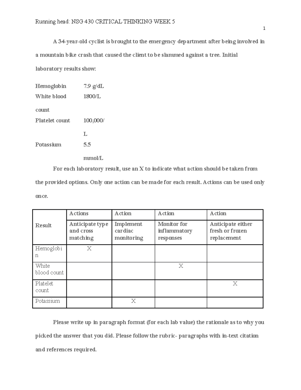 NSG 430 Critical Thinking WEEK 5 - Running head: NSG 430 CRITICAL ...