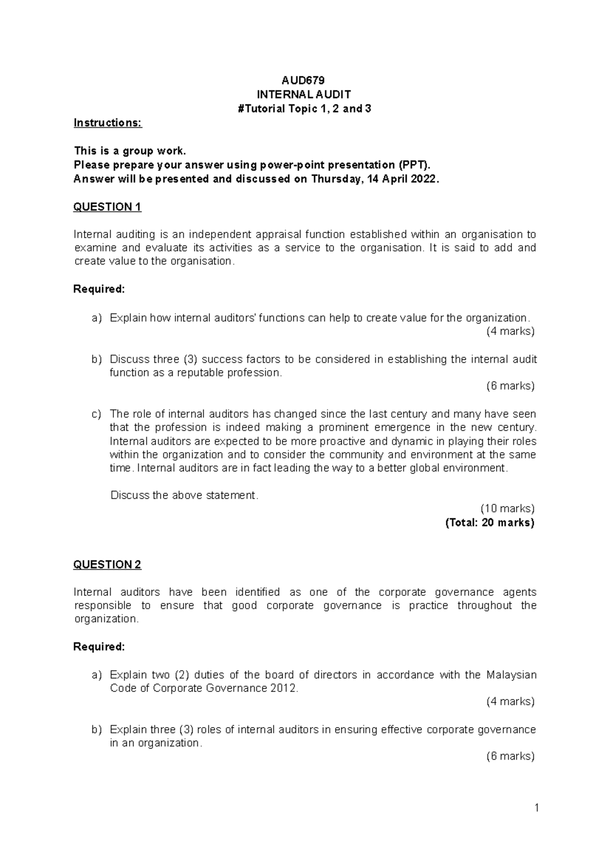 AUD679 Tutorial WEEK 3 - AUD INTERNAL AUDIT #Tutorial Topic 1, 2 and 3 ...