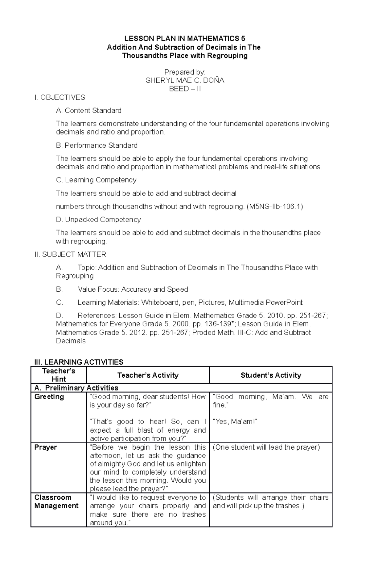 Example Of Semi Detailed Lesson Plan In Mathematics Secondary