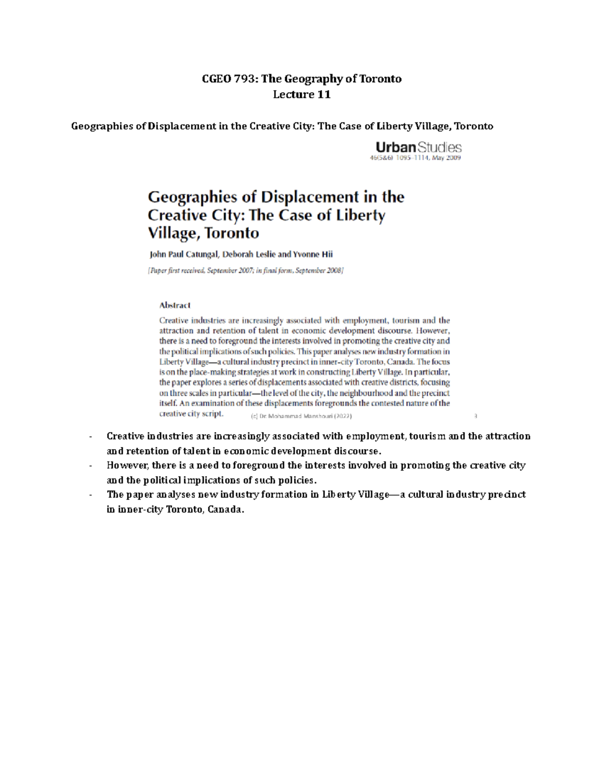 C GEO 793 Lecture 11 CGEO 793 The Geography of Toronto Lecture 11