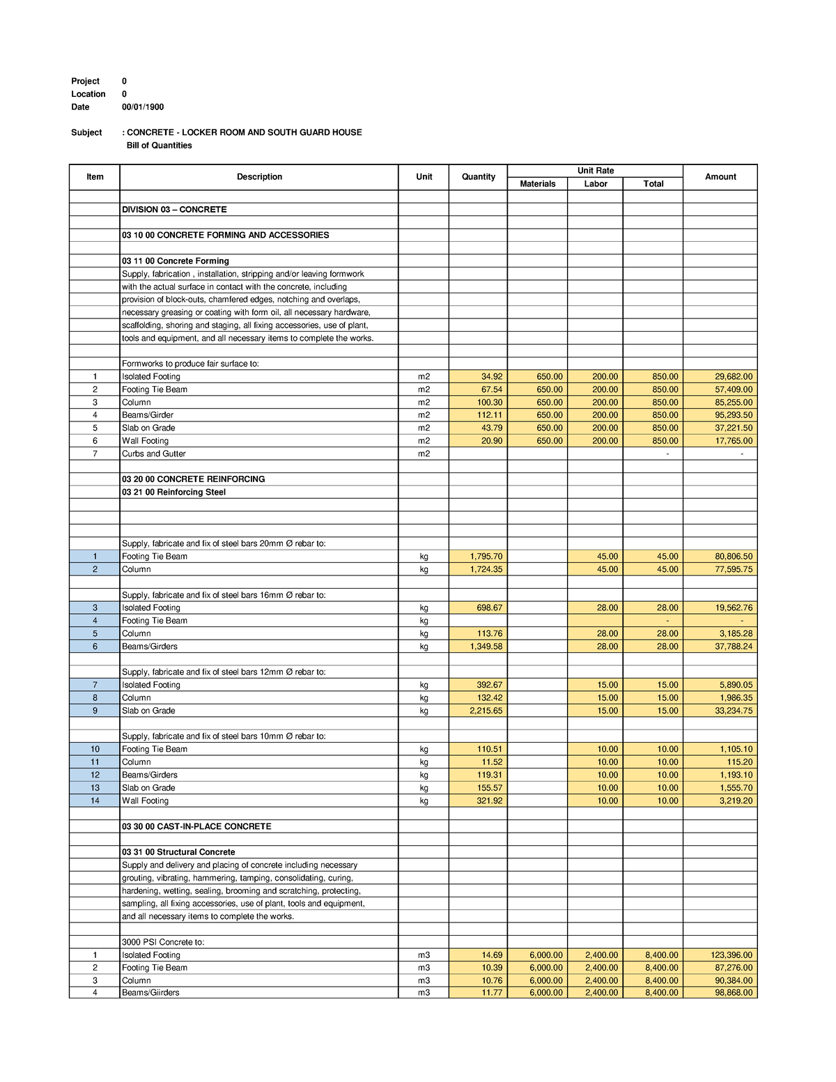 BOQ Format PER Scope of Work Project - Concrete - Project 0 Location 0 ...