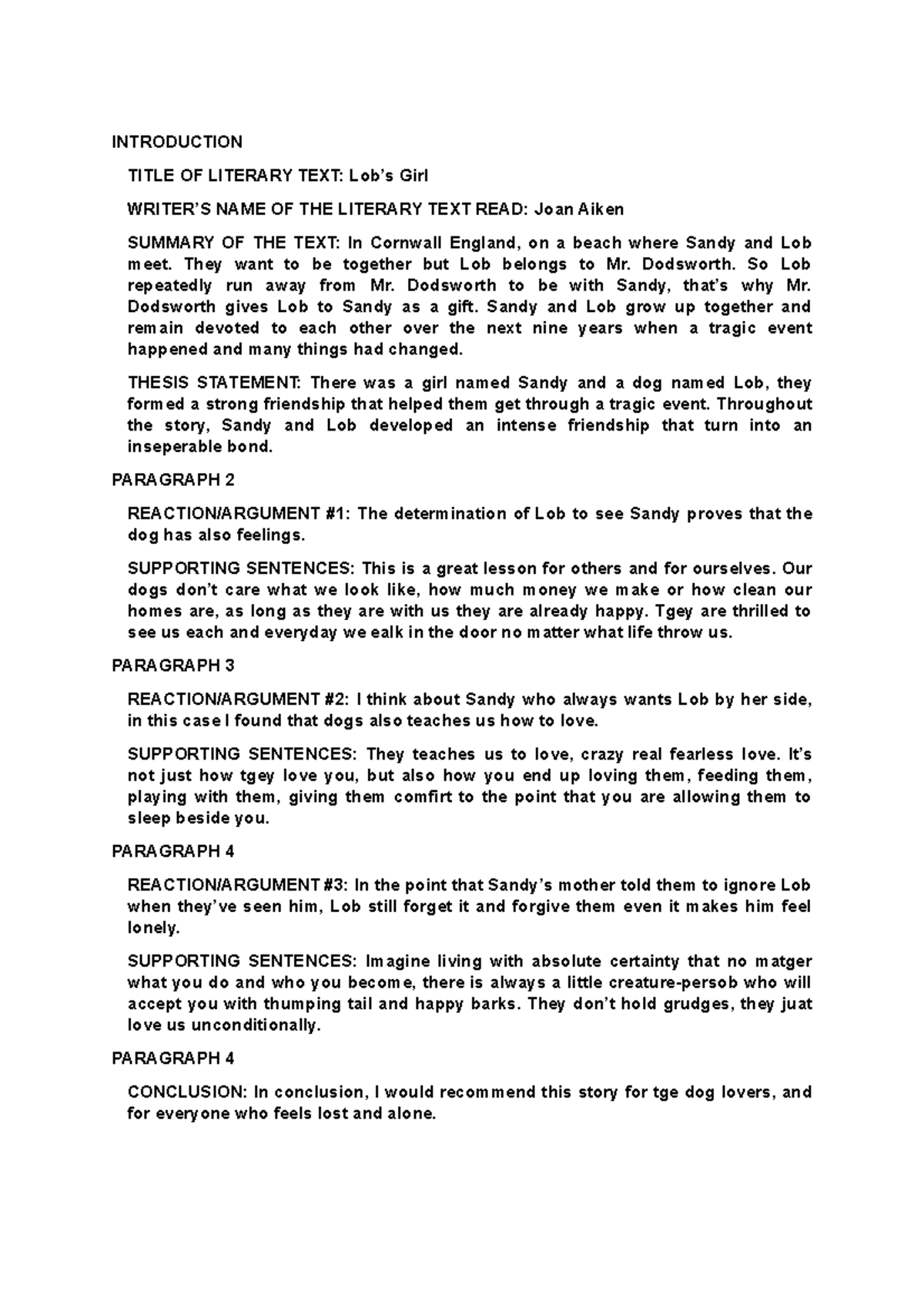 Reaction Paper INTRODUCTION TITLE OF LITERARY TEXT Lob’s Girl WRITER’S NAME OF THE LITERARY