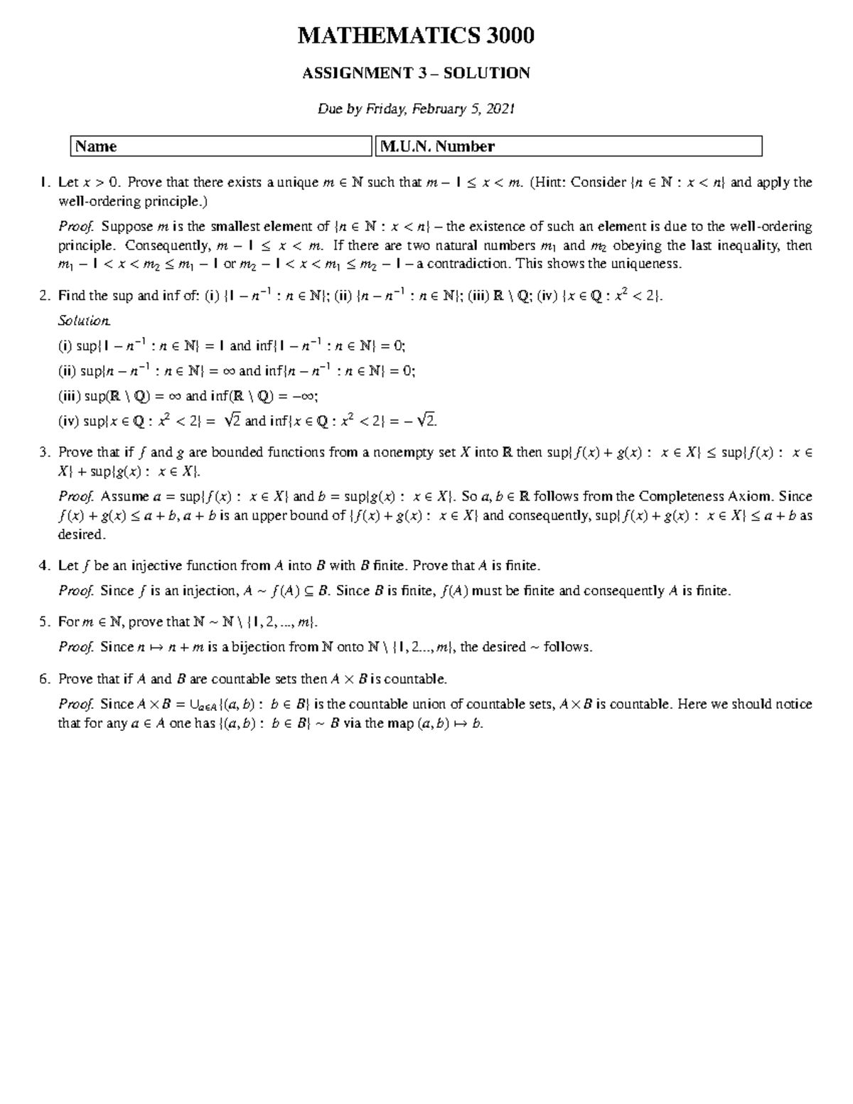 Assignment3 Solution Math 3000 - MATHEMATICS 3000 ASSIGNMENT 3 ...