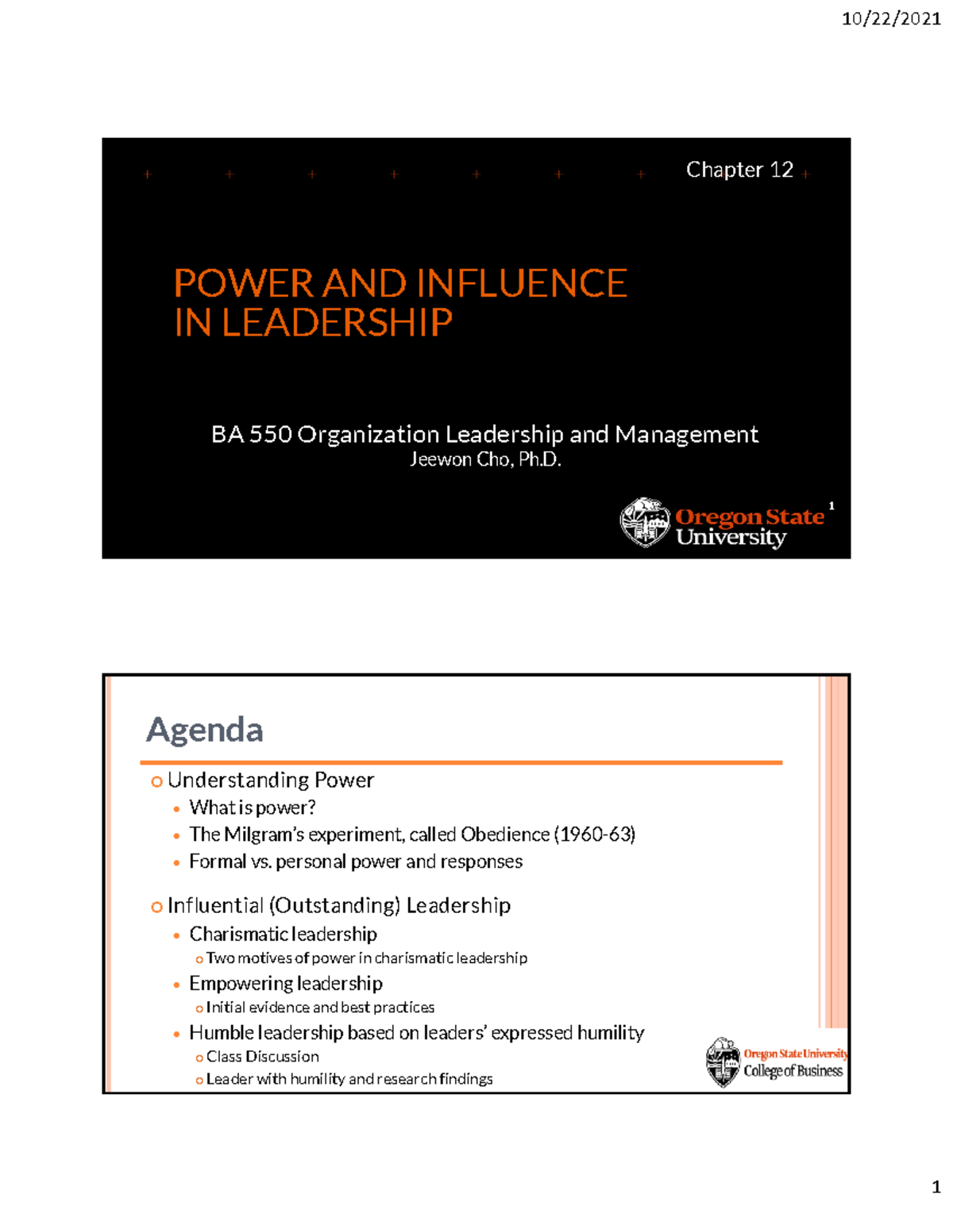 Chapter 12 Power and Influence in Leadership 2021F 2 slides per page ...