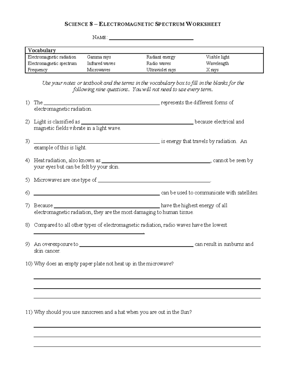 20 Electromagnetic Spectrum Worksheet - SCIENCE 20 Throughout Electromagnetic Spectrum Worksheet High School