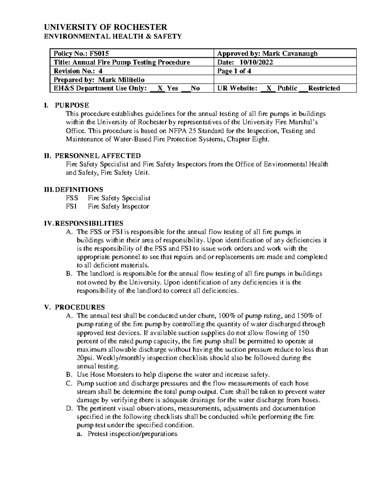 FS Annual Fire Pump Testing Procedure ENVIRONMENTAL HEALTH & SAFETY