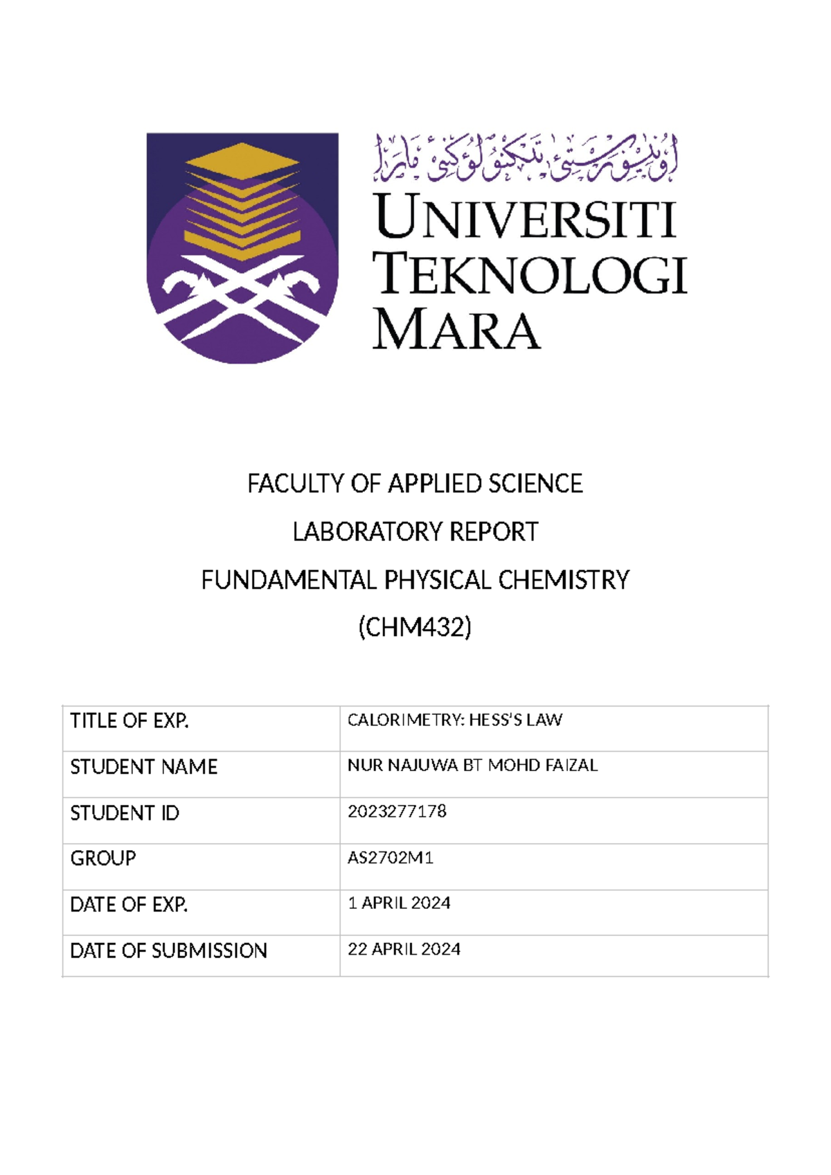 LR 1 ( Calorimetry HESS'S LAW) FACULTY OF APPLIED SCIENCE LABORATORY