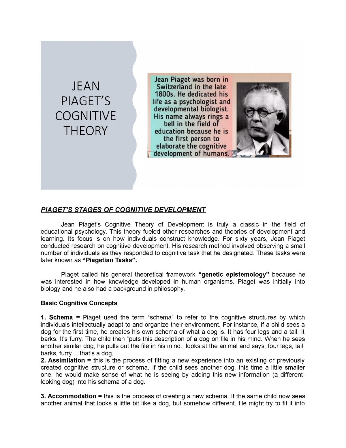 Jean Piaget Theory of Cognitive Development PIAGET S STAGES OF