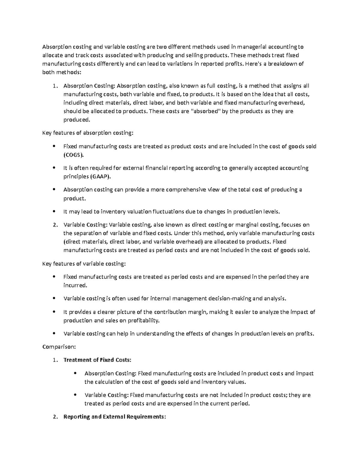 Reading material 5 notes - Absorption costing and variable costing are ...