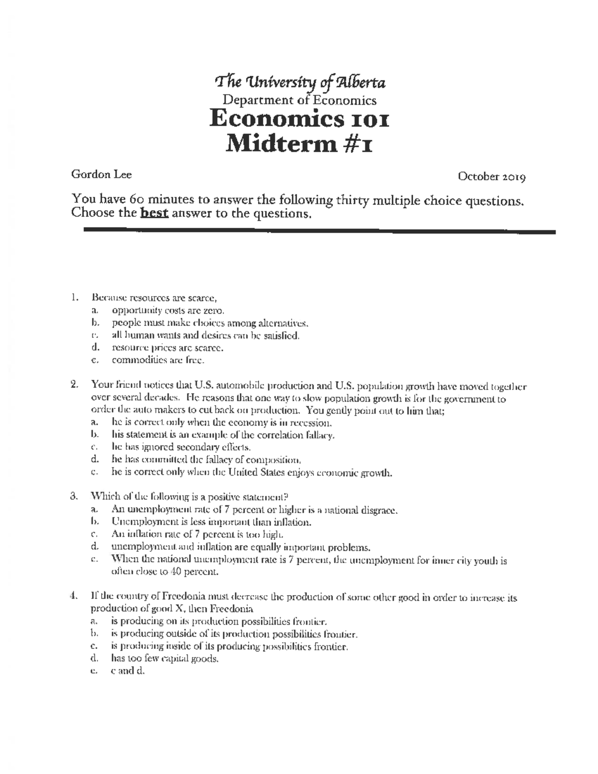 101mid1f19 - Practice - ECON 101 - Studocu