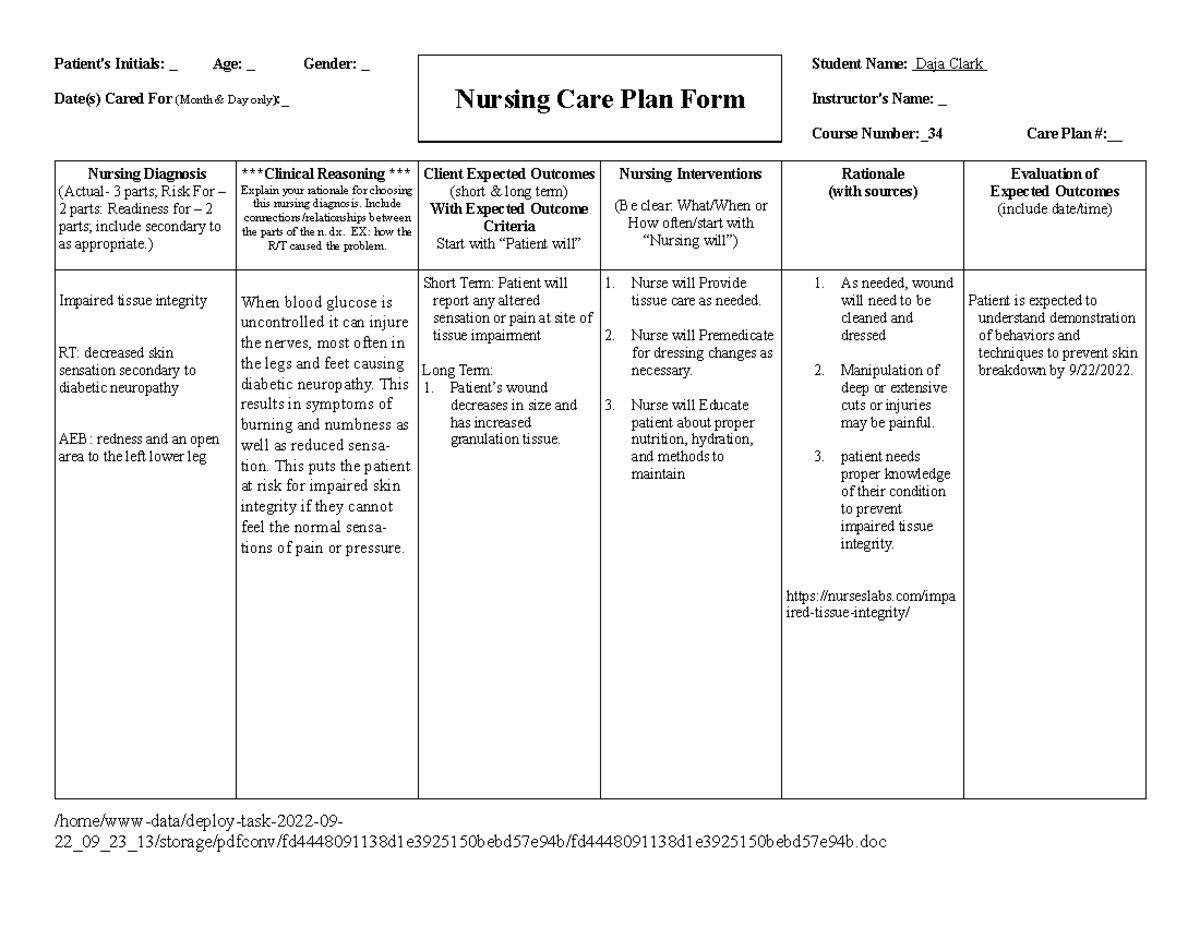 Blank CARE PLAN [29] Care plan for Diabetes Patient's Initials Age