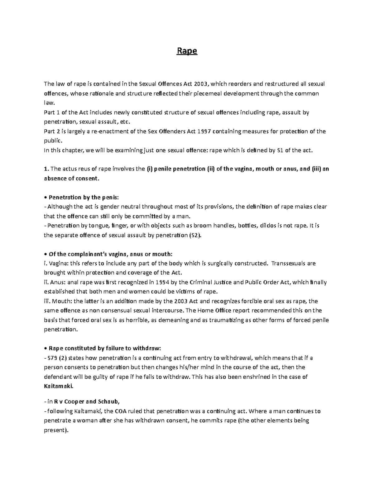 Rape notes on Criminal law by UoL 2021 - Rape The law of rape is ...