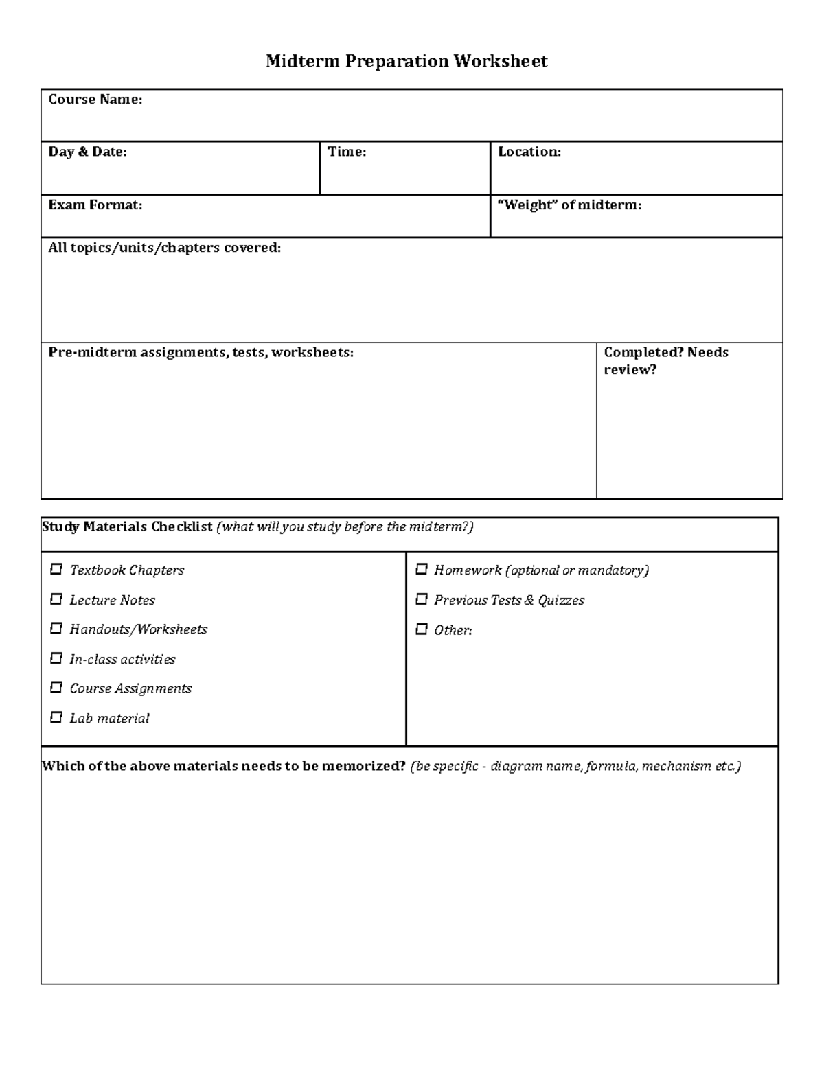 Study Plan Template - 5 days - Midterm Preparation Worksheet Course ...