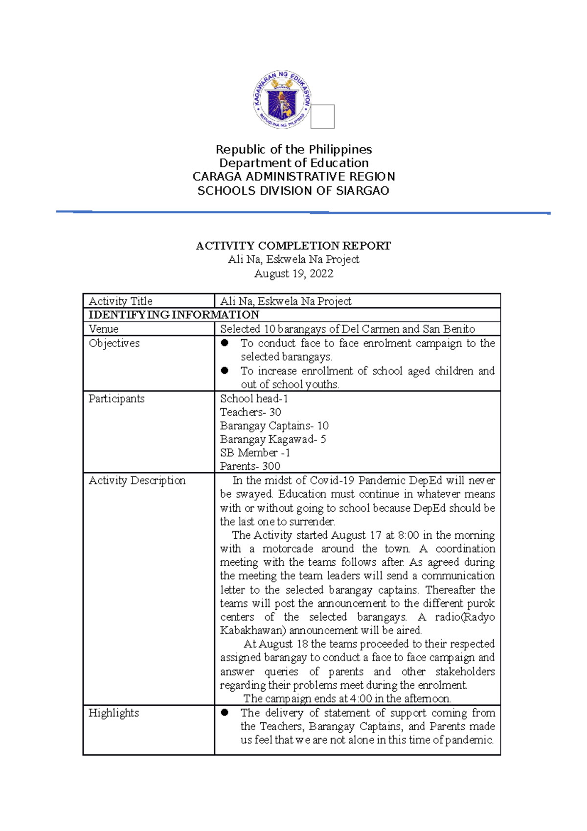 Activity completion report - Republic of the Philippines Department of ...