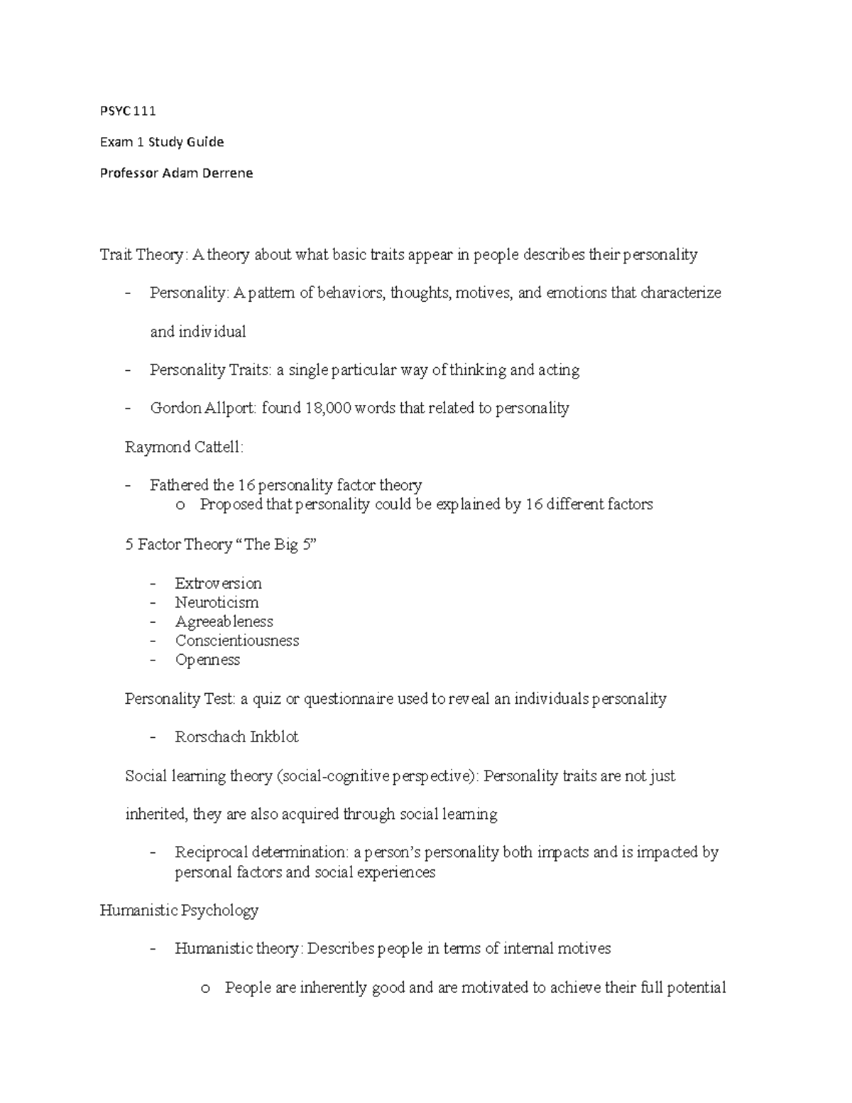 Exam 1 Study Guide - Prof. Adam Derenne - PSYC 111 Exam 1 Study Guide ...