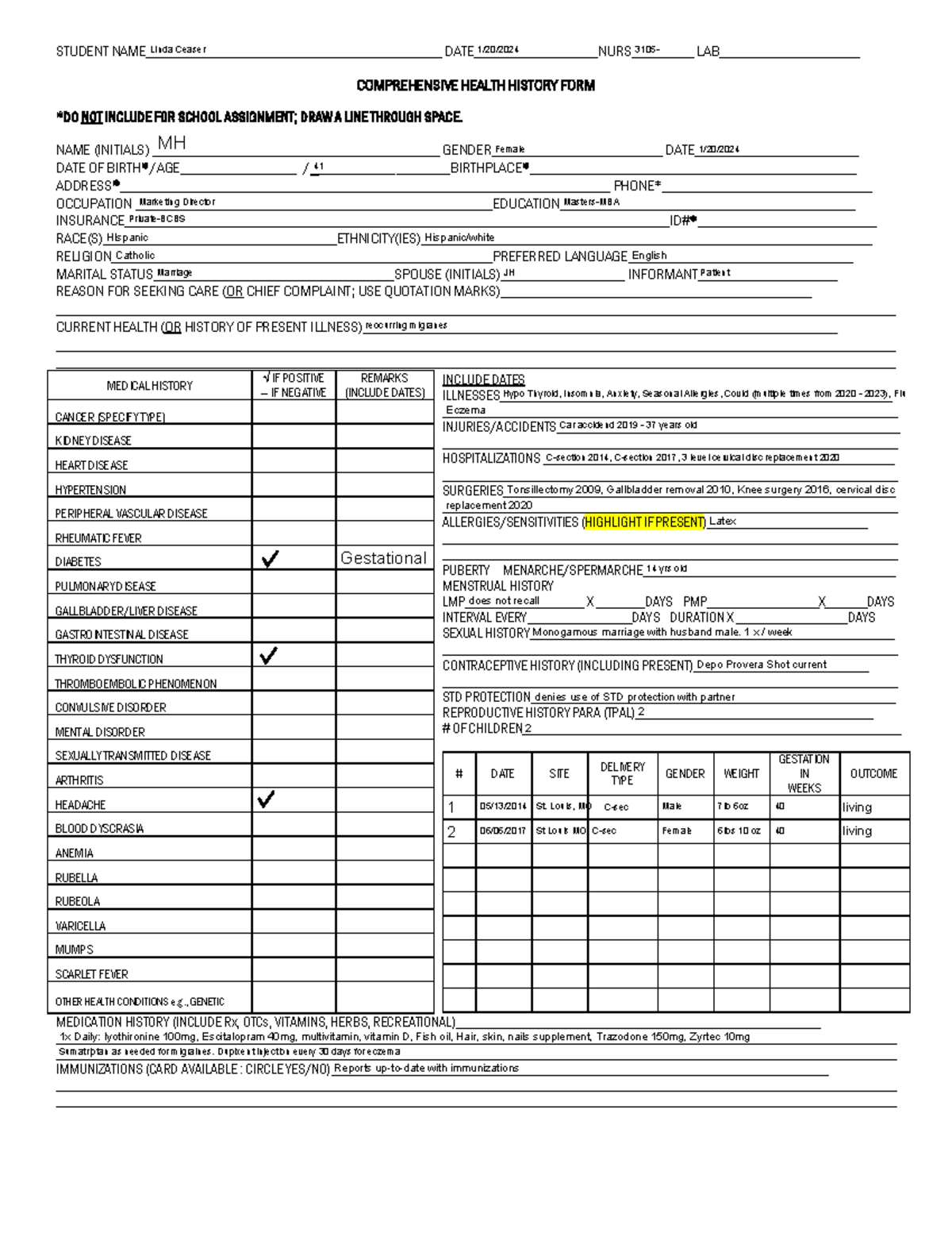 EXAMPLE Health History assessment - STUDENT NAME ...