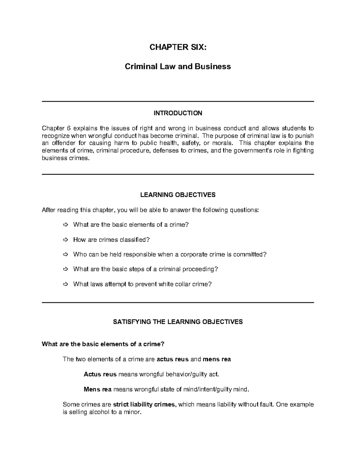 Chapter 6 Notes - Criminal Law And Business - CHAPTER SIX: Criminal Law ...