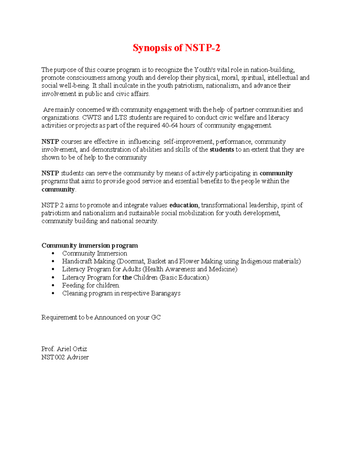 NSTP2 - notes - Synopsis of NSTP- The purpose of this course program is ...