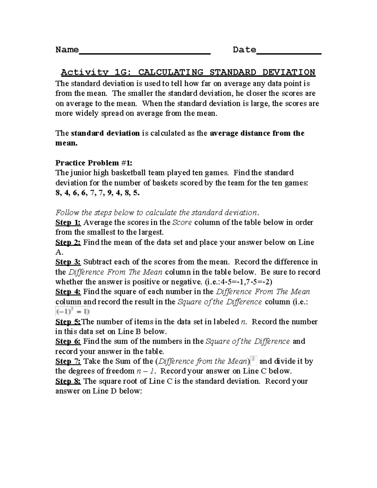 Calculating standard deviation - Name Date Activity 1G: CALCULATING ...