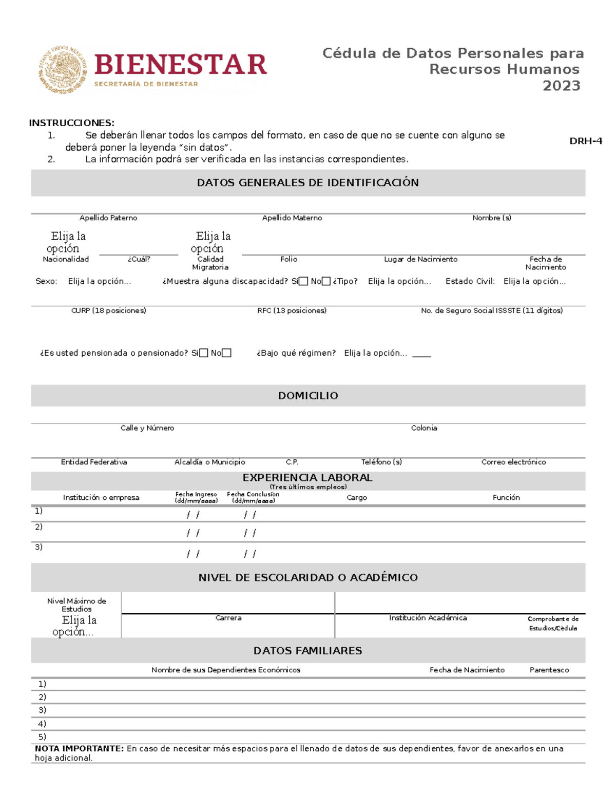 DRH 4 Cedula Datos Personales RH - Cédula de Datos Personales para ...