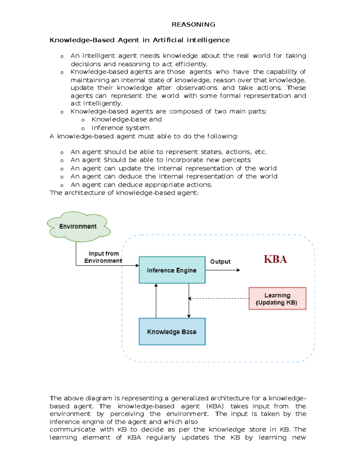 Unit4 good REASONING KnowledgeBased Agent in Artificial intelligence o An intelligent agent