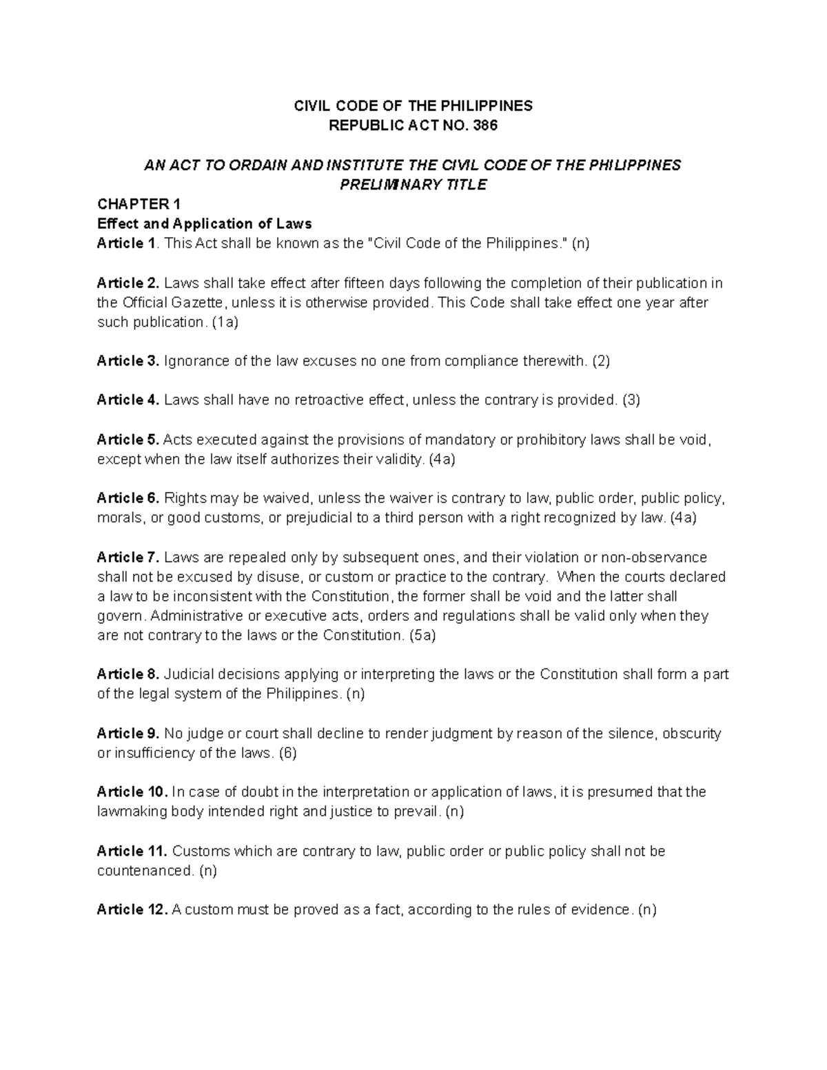 Civil Code of the Philippines CIVIL CODE OF THE PHILIPPINES REPUBLIC