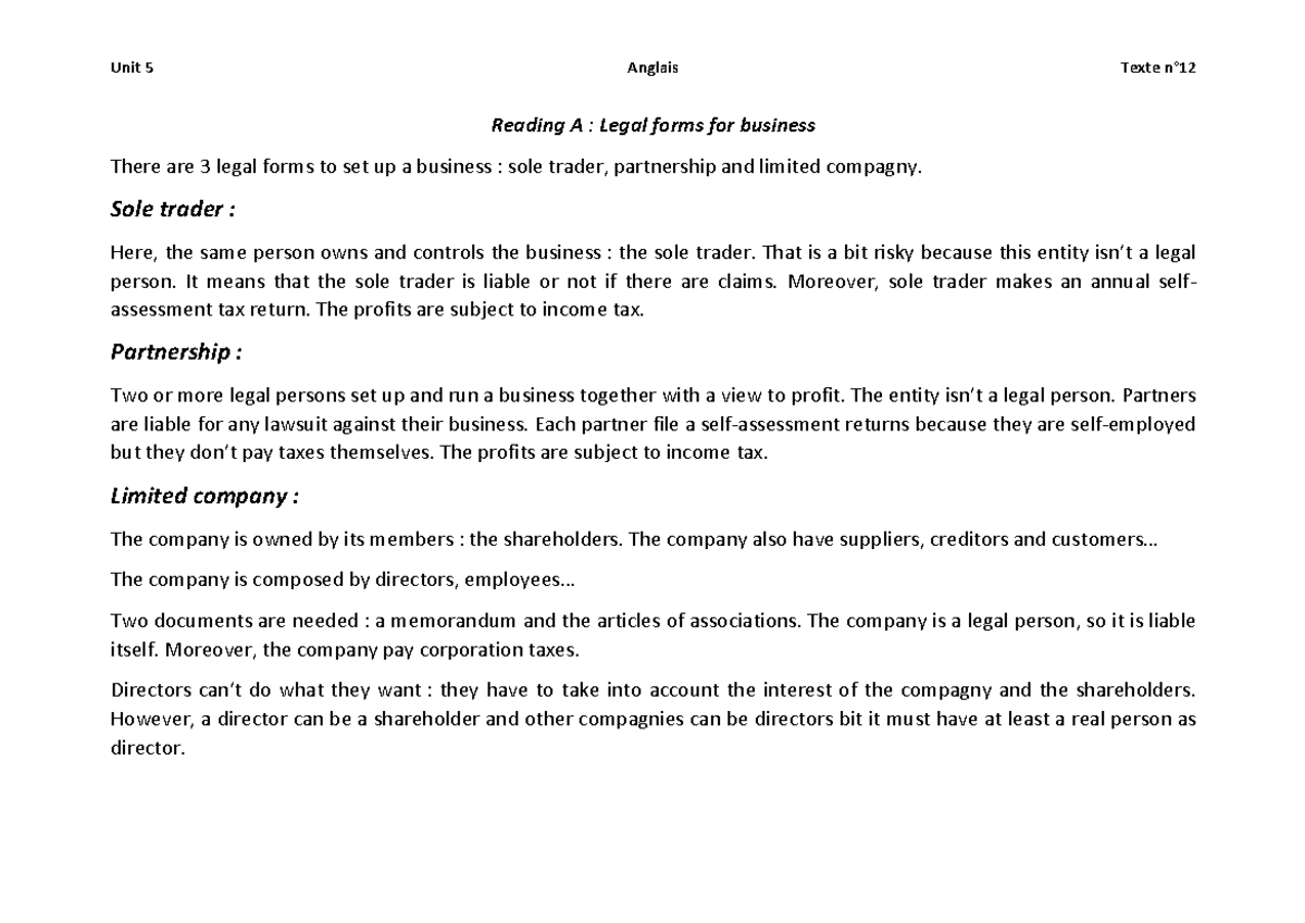 Reading A - Legal forms for Business - Unit 5 Anglais Texte n° Reading ...
